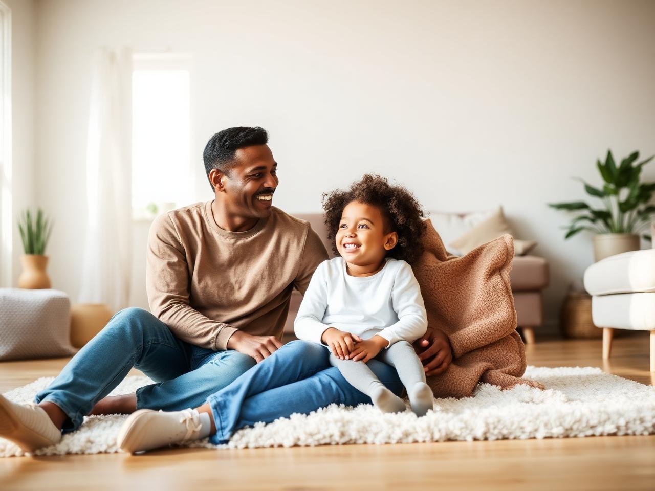 A parent and child laughing together on a rug in a bright living room